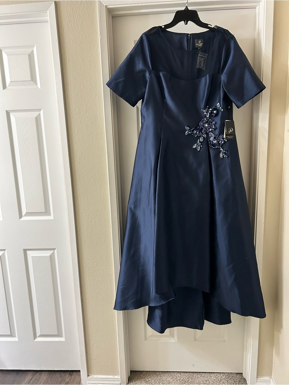 Adrianna Papell Navy High-Low Satin Dress with Side Floral Embellishment